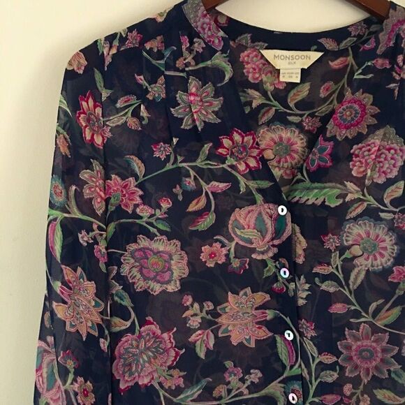 Monsoon sheer silk floral 3/4 sleeve top | Size 4 - Picture 1 of 8